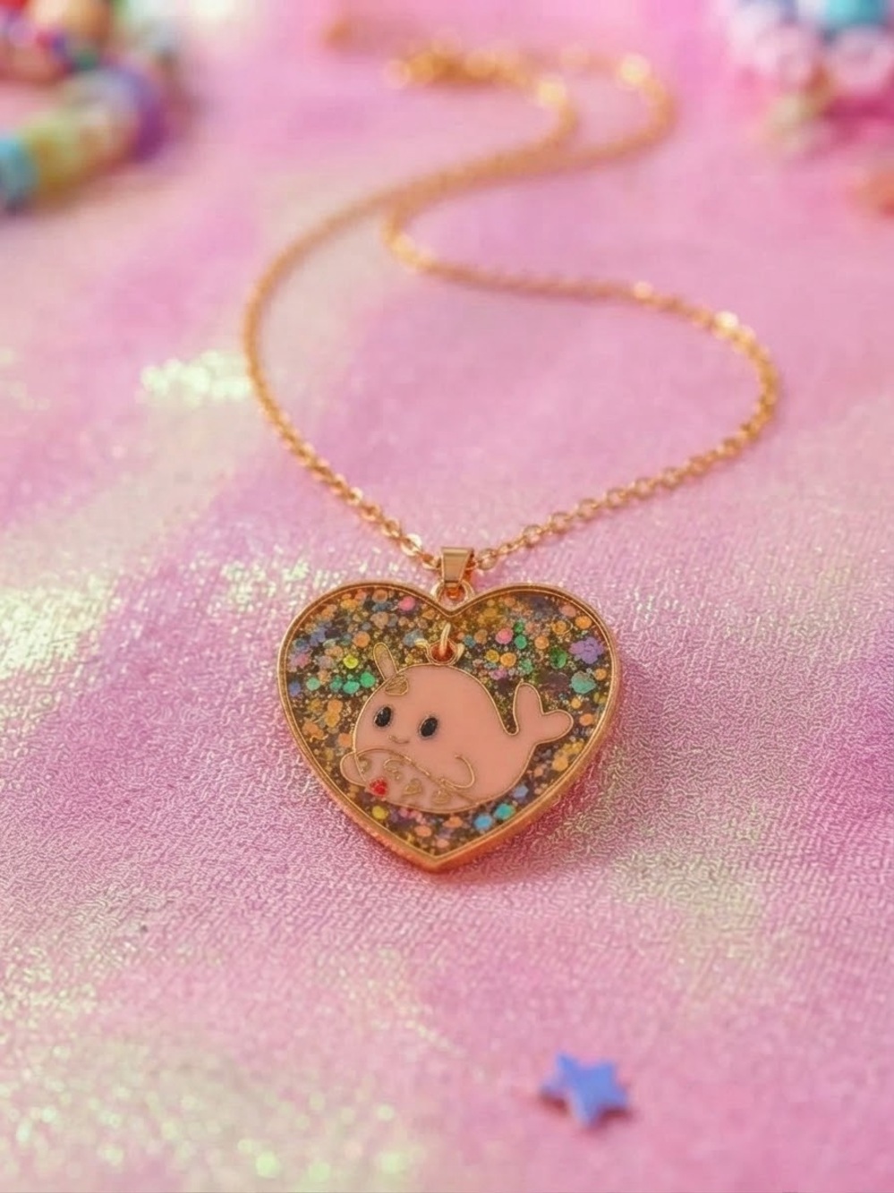 Cute Pink Whale Heart Pendant Necklace - Gold Tone